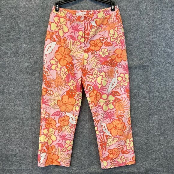 Lilly Pulitzer Floral Print Pants Size 4 Tropical Hibiscus Flamingo Capri Cotton - Picture 1 of 14